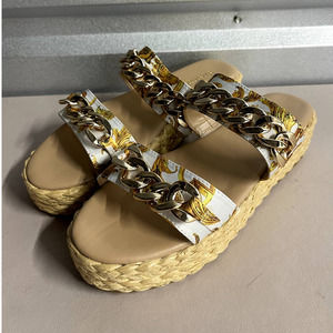 Shoe Dazzle Women's Miami Print White Chain Dola Woven Espadrille Sandal - 9.5